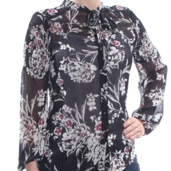 NWT Guess | Women's Silver & Black Sheer Floral Blouse Size Small - Picture 2 of 12